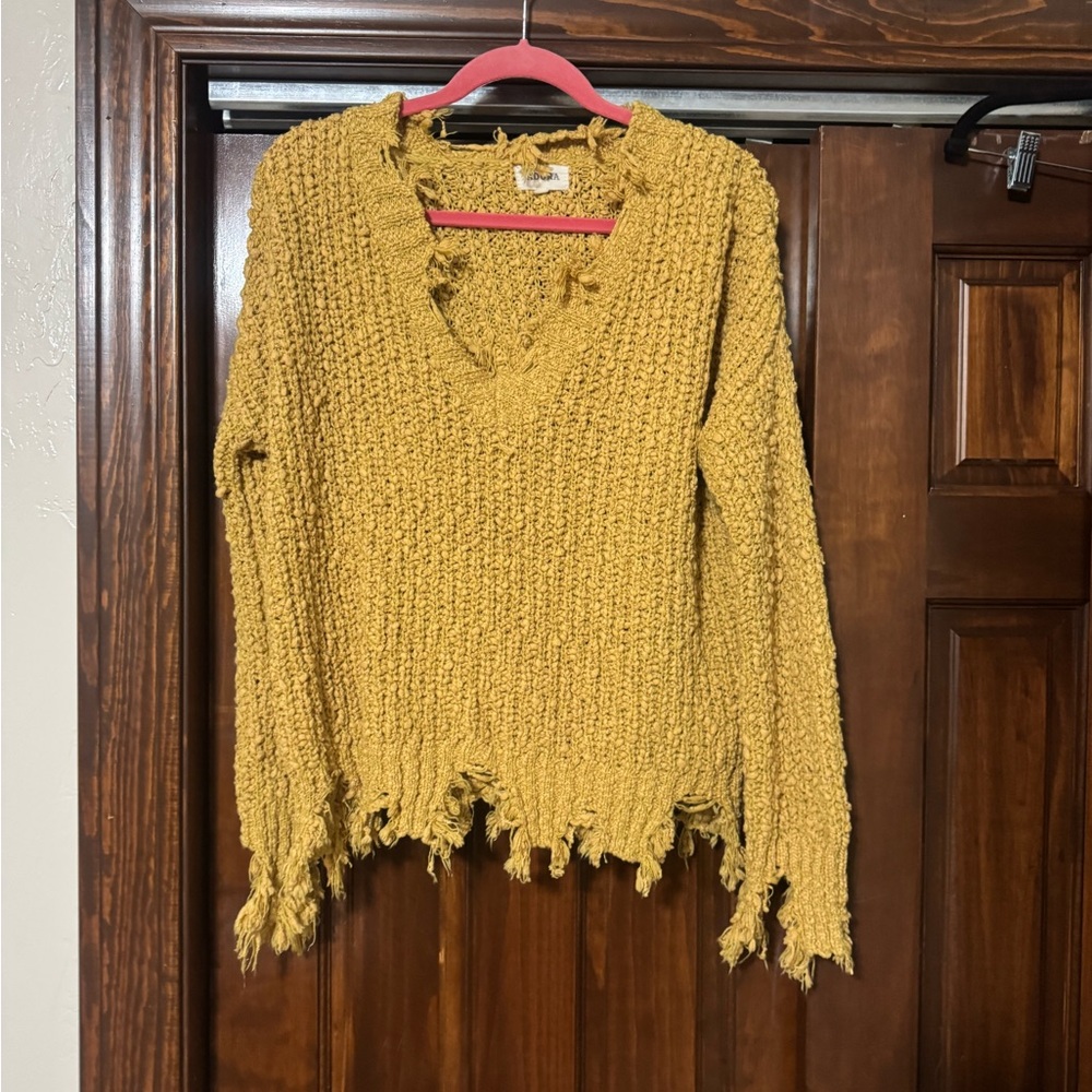 ADORA Mustard Yellow Distressed V-Neck Sweater